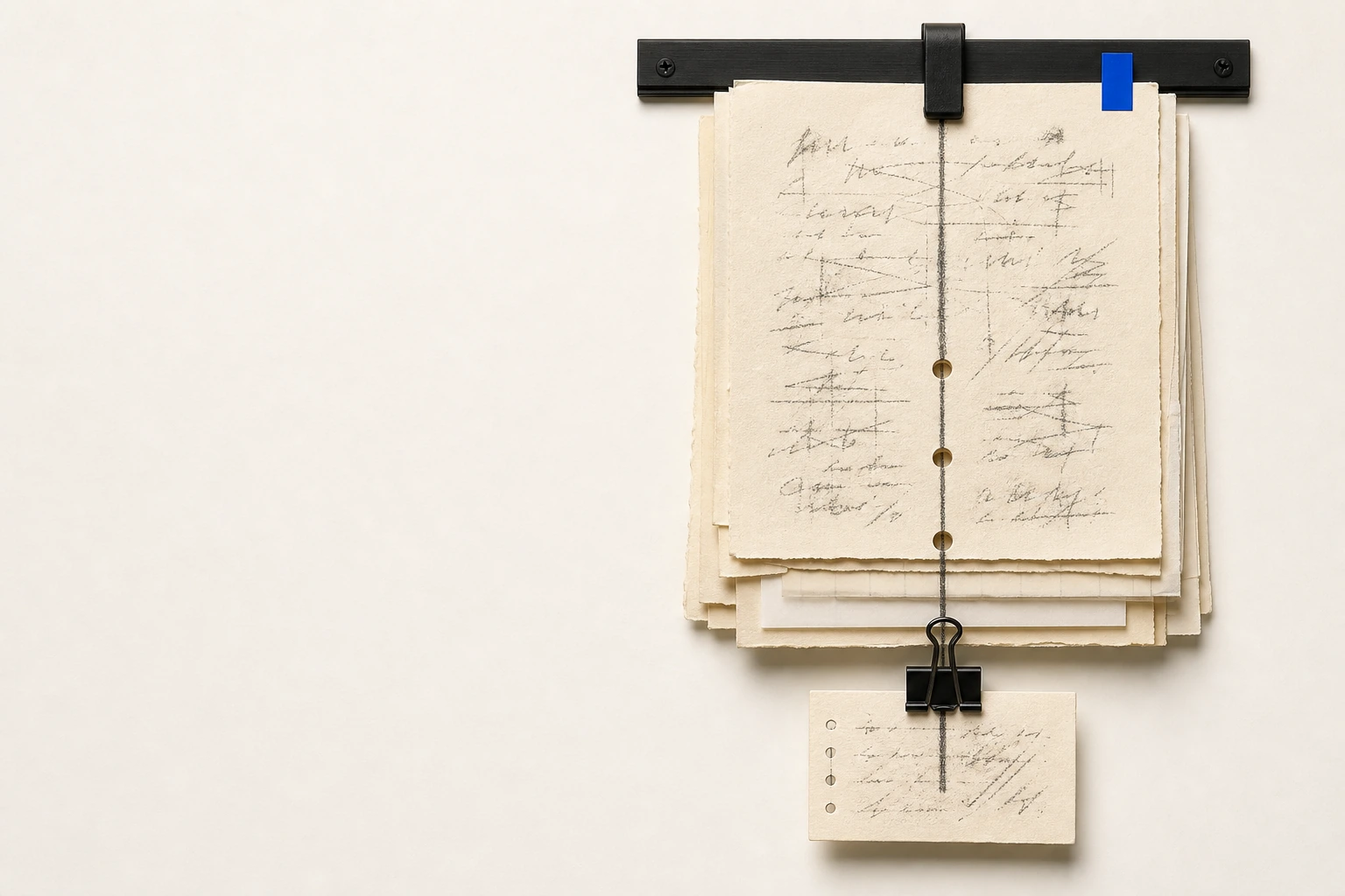 Layered archival paper research records registered to a graphite trace and cobalt source tab.