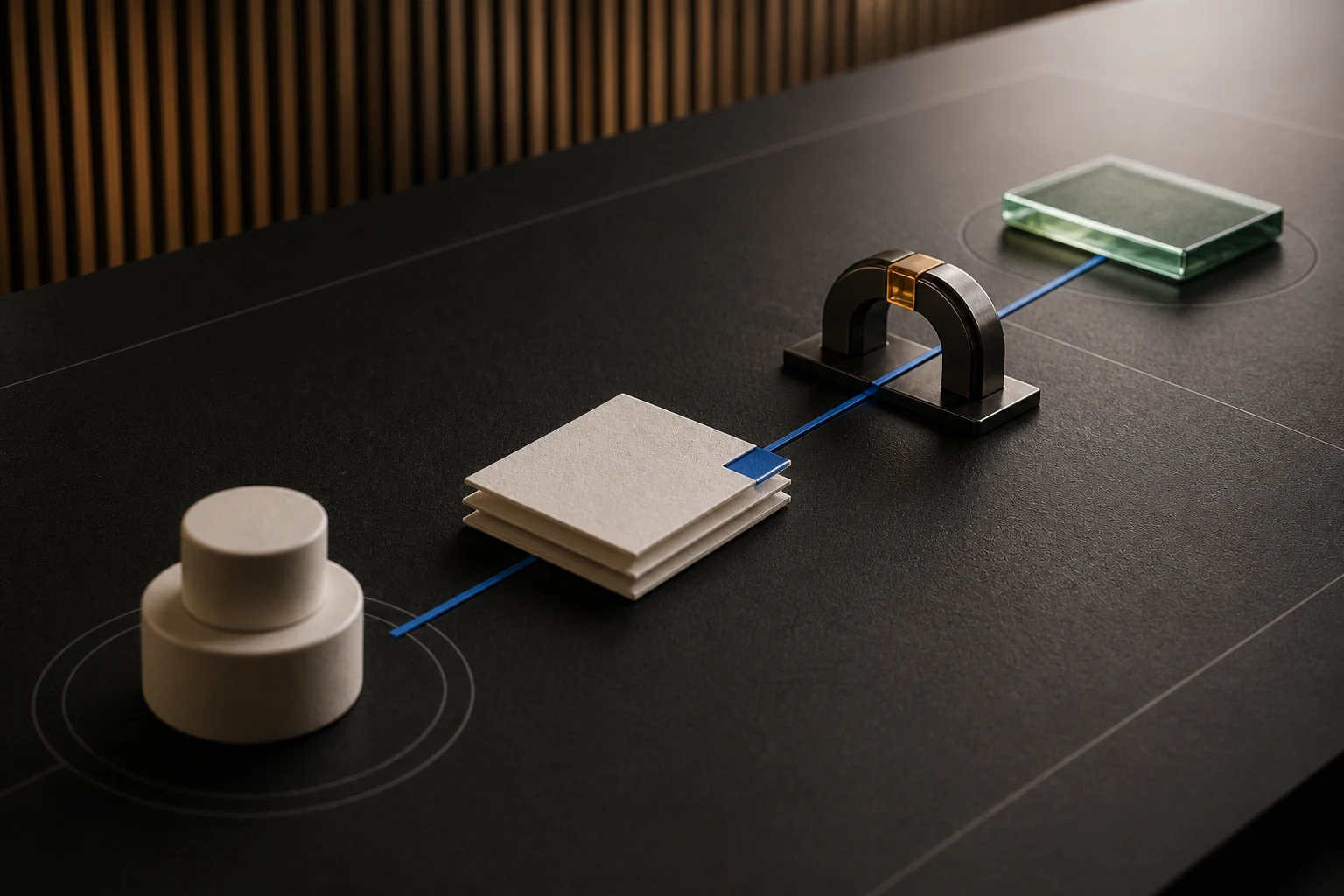 A tactile research route connects an ivory agent marker to stacked paper sources, a smoked-metal methodology gate, and a green proof receipt.