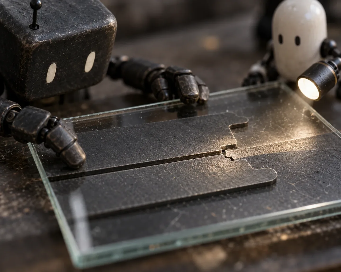 Two agents compare a material against its reference before accepting the fit.